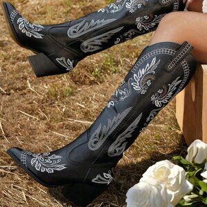 Black Western Women's Cowgirl Boots Pointed Toe Embroidered Thick Heels Knee Hig